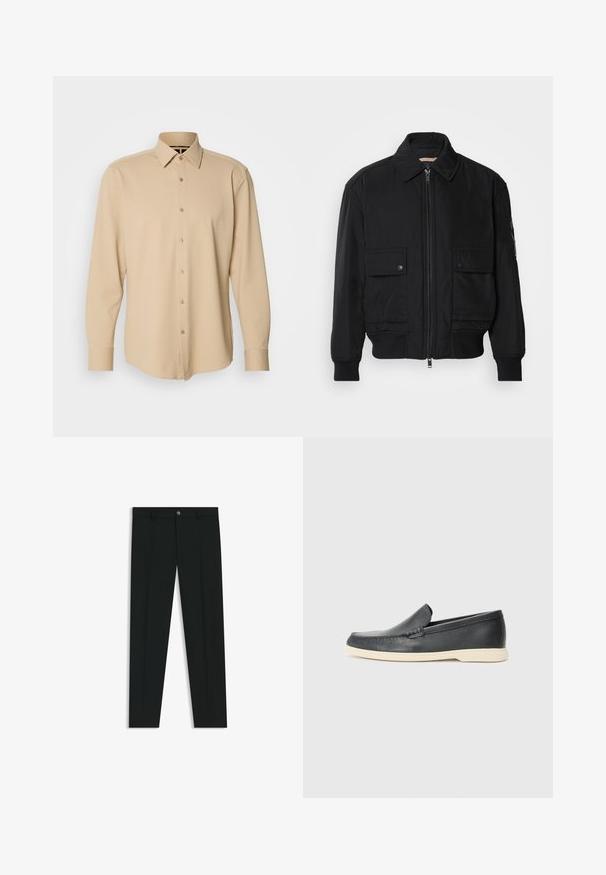 Giacca bomber nera realizzata in tessuto morbido e leggero. Caratterizzata da una chiusura con zip frontale, due tasche sul petto con bottone e polsini a costine.; Camicia beige a maniche lunghe realizzata in tessuto strutturato con un motivo a quadrati, dotata di chiusura con bottoni e polsini, con una vestibilità sartoriale.; Pantaloni neri in tessuto lisci, con design a gamba dritta. Presentano una chiusura frontale con bottone e passanti per cintura. Senza fantasie.; Mocassini neri in pelle con finitura testurizzata e suola in gomma beige a contrasto. Presentano un accento sottile lungo la parte anteriore.