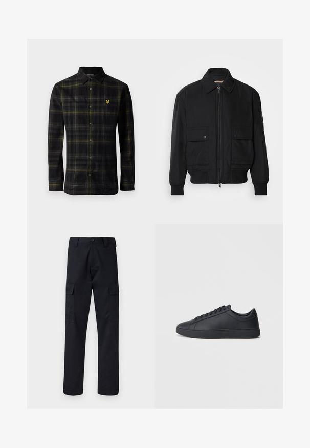 Černá bomber bunda vyrobená z hladkého, lehkého materiálu. Má zipový přední díl, dvě kapsy na hrudi s knoflíky a vroubkované manžety.; Černá košile s dlouhým rukávem a knoflíky, žlutý a šedý kostkovaný vzor, límec a malé žluté vyšívané logo ptáčka na hrudi.; Černé cargo kalhoty vyrobené z odolné tkaniny, s rovnými nohavicemi, dvěma bočními kapsami a zapínáním na knoflík v pase.; Černé tenisky z hladké kůže s nízkým designem, kulatou špičkou a plochou gumovou podrážkou. Mají šněrování a nenápadné branding.