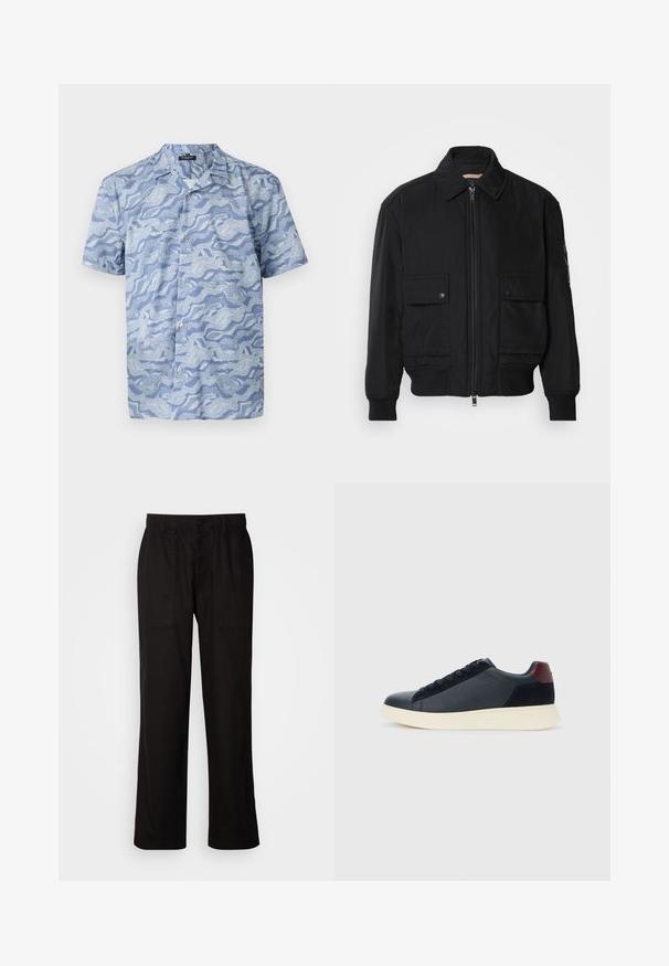 Must mustrakk musth kergestikuti kergemest kuduklett, kergete vestid valjase tormakate. Omab fasadi lukkumist, kahte nööbül pulsiv кофейня ning ribitud käiseid.; Heledad särg helesinises värvuses, millel on lainemuster. Valmistatud pehmest kangast, millel on nööpidega eesmine osa ja laagrilaadne krae.; Mustad lõdva istuvusega mustad püksid, mis on valmistatud kergest kangast. Omavad elastset vöökohta, nööbiga sulgemist ja kahte esist taskut.; Madala stiilis meeste toss mustast nahast ja seemisnahast, marooni värvi kanna detailiga ja valge kummist tallaga, vaatega välisküljelt.