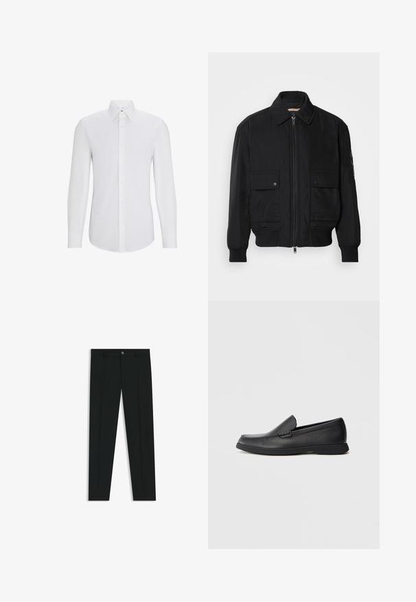 Czarna kurtka bombowiec wykonana z gładkiego, lekkiego materiału. Posiada zamek błyskawiczny z przodu, dwie kieszenie na piersi zapinane na guziki oraz ściągacze przy mankietach.; Biała koszula o długim rękawie z wyraźnym kołnierzykiem, z przodem na guziki, o gładkiej fakturze i dopasowanym kroju. Brak widocznych wzorów lub akcentów.; Czarne spodnie materiałowe z prostymi nogawkami, wykonane z gładkiego materiału. Posiadają zamek na guzik z przodu oraz szlufki na pasek. Gładkie, bez wzorów.; Czarne skórzane mokasyny wsuwane z teksturowaną cholewką, okrągłym noskiem, niskim obcasem i gumową podeszwą, przedstawione w profilu bocznym na białym tle.