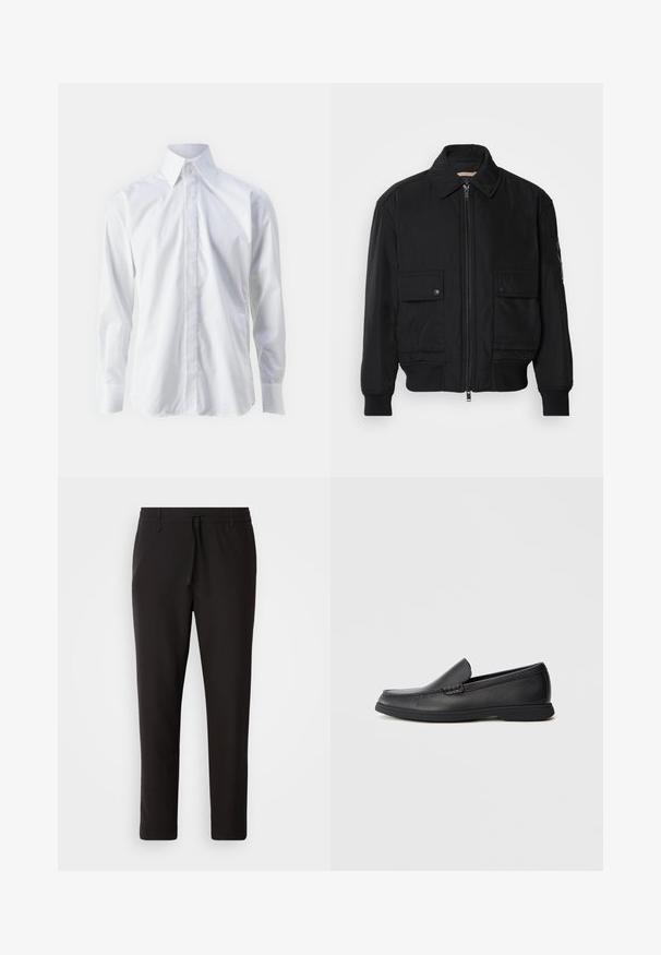 Melnā bomber jaka, izgatavota no gludas, vieglas auduma. Ar rāvējslēdzēju priekšā, diviem pogājamiem krūšu kabatām un ribotām piedurknēm.; Balts garajai krekls ar garām piedurknēm, kas izgatavots no gludas auduma, ar klasisku apkakli, pogu priekšpusi un diskrētu izšūtu logotipu apakšējā kreisajā stūrī.; Melnas sporta bikses no gludas auduma. Tām ir elastīga josta ar auklu, sašaurinātas kājas un nav redzamu kabatu. Vienkāršs dizains.; Melnas ādas slip-on loafer ar teksturētu virsmu, noapaļota purngala, zemu papēdi un gumijas zoli, redzams sānskatā uz balta fona.