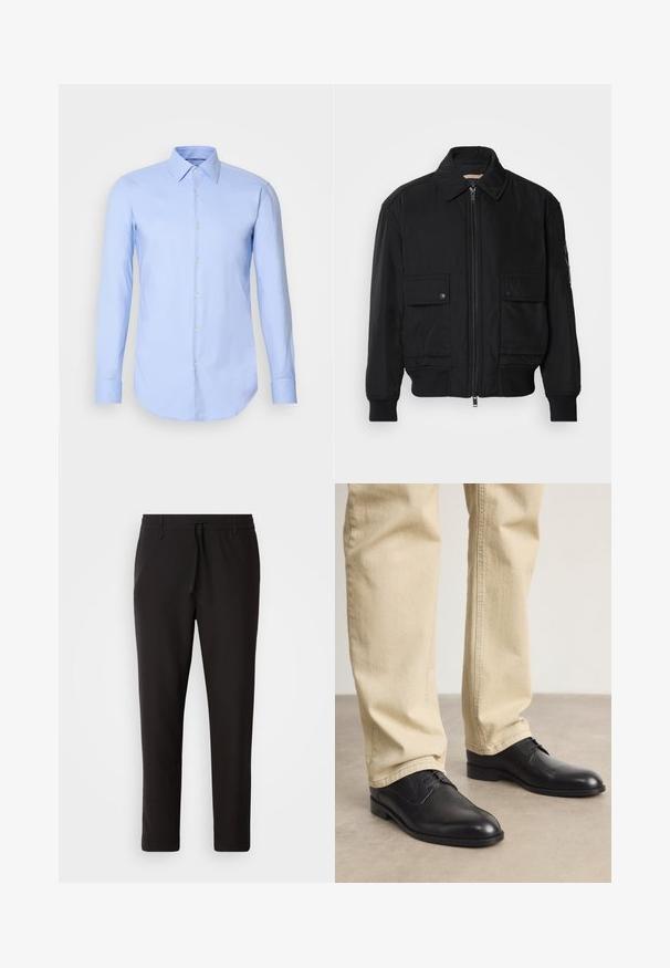 Jaqueta bomber preta feita de um tecido liso e leve. Apresenta um fecho zip à frente, dois bolsos no peito com botão e punhos canelados.; Camisa de manga longa azul clara, feita de algodão, com fecho de botões à frente, colarinho e barra arredondada. Textura suave sem padrões.; Calças de jogging pretas feitas de tecido liso. Apresentam uma cintura elástica com cordão, pernas ligeiramente ajustadas e sem bolsos visíveis. Design simples.; Sapatos pretos de couro com atacadores, com bico arredondado, acabamento suave e detalhes de costura subtis, usados com calças bege claras.