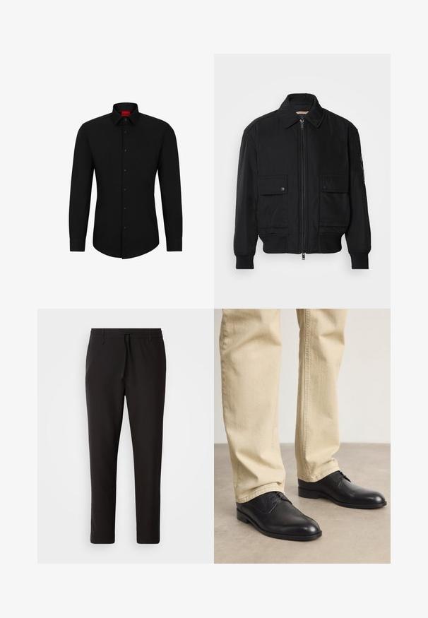 Jachetă bomber neagră, fabricată dintr-un material neted și ușor. Dispune de un fermoar frontal, două buzunare cu nasturi pe piept și manșete ribbrate.; Cămașă neagră cu mânecă lungă, cu închidere prin butoni, guler clasic și hem rotunjit; prezintă butoni negri și un logo roșu în interiorul gulărului.; Pantaloni de jogging negri, confecționați dintr-un material neted. Prezintă un talie elastică cu șnur, picioare conice și fără buzunare vizibile. Design simplu.; Pantofi din piele neagră, cu șireturi, vârf rotund, finisaj neted și detalii de broderie subtile, purtați cu pantaloni bej deschis.