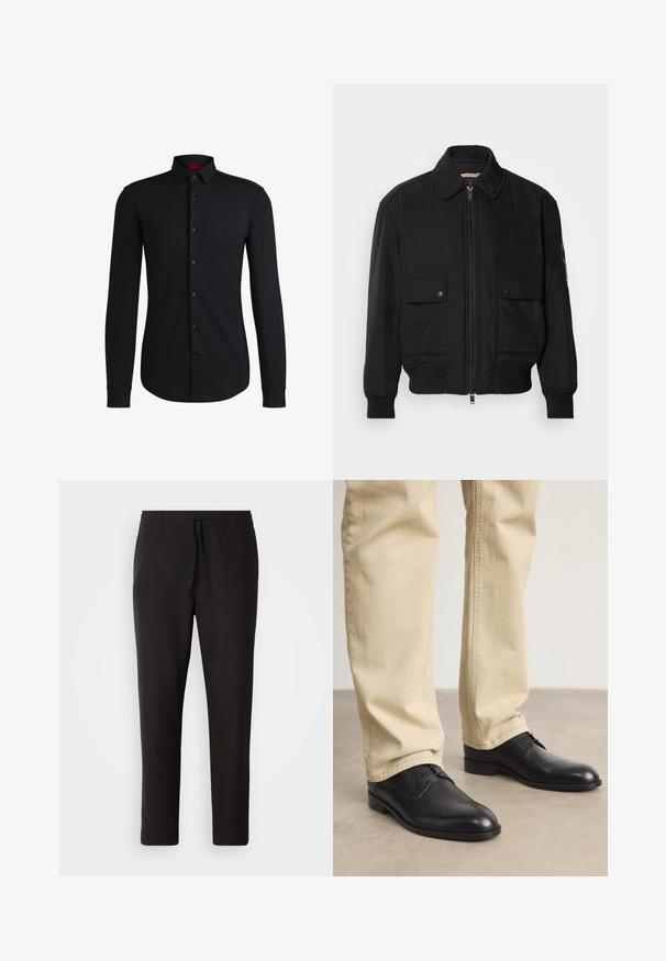 Jachetă bomber neagră, fabricată dintr-un material neted și ușor. Dispune de un fermoar frontal, două buzunare cu nasturi pe piept și manșete ribbrate.; Cămașă neagră cu mânecă lungă, guler cu nasturi, nasturi frontali lustruiți și croială structurat, realizată dintr-un material neted și ușor.; Pantaloni de jogging negri, confecționați dintr-un material neted. Prezintă un talie elastică cu șnur, picioare conice și fără buzunare vizibile. Design simplu.; Pantofi din piele neagră, cu șireturi, vârf rotund, finisaj neted și detalii de broderie subtile, purtați cu pantaloni bej deschis.