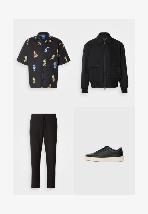 Jaqueta bomber preta feita de um tecido liso e leve. Apresenta um fecho zip à frente, dois bolsos no peito com botão e punhos canelados.; Camisa preta de manga curta com padrões coloridos de personagens de desenhos animados e objetos. Feita de um tecido leve, os designs incluem realces em verde e azul.; Calças de jogging pretas feitas de tecido liso. Apresentam uma cintura elástica com cordão, pernas ligeiramente ajustadas e sem bolsos visíveis. Design simples.; Sapatilha preta de cano baixo em pele com atacadores pretos e sola off-white, apresentada em perfil lateral sobre fundo branco.