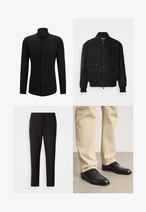 Fekete bomberdzseki sima, könnyű anyagból. Cipzáras elülső részével, két gombos mellzsebével és bordás mandzsettáival rendelkezik.; Fekete, hosszúujjú póló sima anyagból, gombos elejével, gallérral és testre szabott szabással, finom varrási részletekkel.; Fekete jogger nadrág sima anyagból. Rugalmas derekú, húzózsinórral, tapered lábakkal és látható zsebek nélkül készül. Egyszerű dizájn.; Fekete bőrfűzős cipő kerek orral, sima felülettel és finom varrási részletekkel, világos bézs nadrággal viselve.