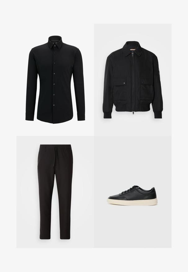 Fekete bomberdzseki sima, könnyű anyagból. Cipzáras elülső részével, két gombos mellzsebével és bordás mandzsettáival rendelkezik.; Fekete, hosszúujjú póló sima anyagból, gombos elejével, gallérral és testre szabott szabással, finom varrási részletekkel.; Fekete jogger nadrág sima anyagból. Rugalmas derekú, húzózsinórral, tapered lábakkal és látható zsebek nélkül készül. Egyszerű dizájn.; Fekete, alacsony szárú bőrsneaker fekete fűzőkkel és törtfehér talppal, oldalnézetben, fehér háttér előtt.