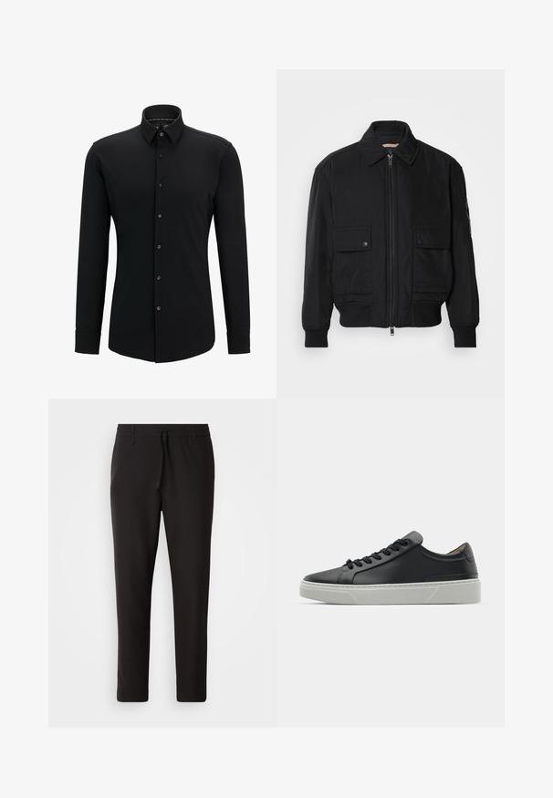 Černá bomber bunda vyrobená z hladkého, lehkého materiálu. Má zipový přední díl, dvě kapsy na hrudi s knoflíky a vroubkované manžety.; Černá košile s dlouhým rukávem vyrobená z hladké látky, s knoflíkovým zapínáním vpředu, límečkem a úzkým střihem se subtilním prošíváním.; Černé teplákové kalhoty vyrobené z hladké látky. Mají elastický pas se šňůrkou, zúžené nohavice a žádné viditelné kapsy. Jednoduchý design.; Černé kožené tenisky s hladkým povrchem, kulatou špičkou a černými šňůrkami. Disponují silnou bílou gumovou podrážkou s jemnými geometrickými akcenty.