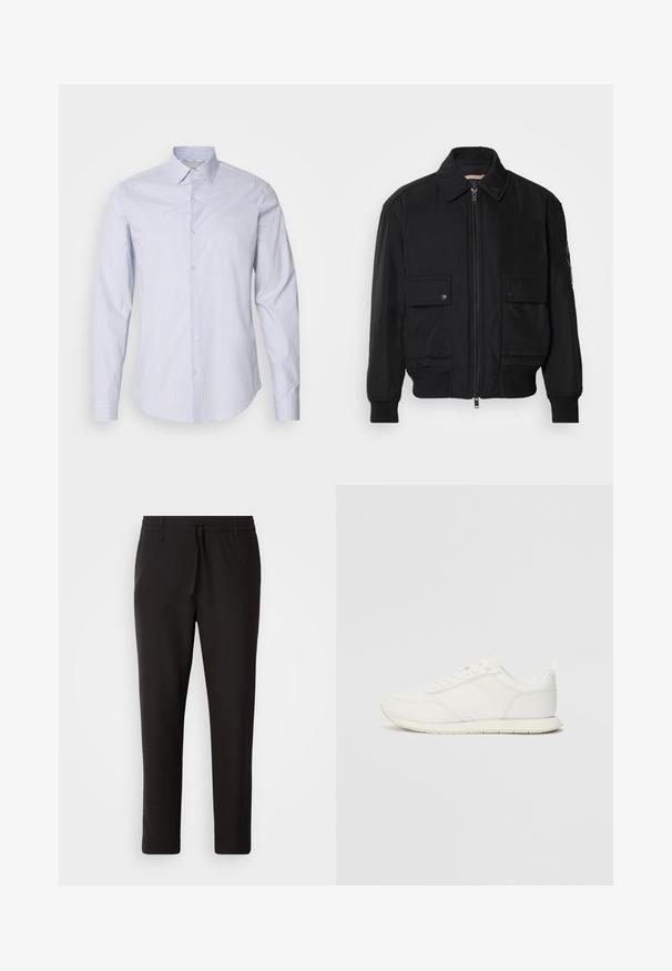 Černá bomber bunda vyrobená z hladkého, lehkého materiálu. Má zipový přední díl, dvě kapsy na hrudi s knoflíky a vroubkované manžety.; Světle modrá košile s dlouhým rukávem a knoflíkovým zapínáním, zdobená jemnými bílými svislými pruhy, klasickým límcem a detaily na manžetách.; Černé teplákové kalhoty vyrobené z hladké látky. Mají elastický pas se šňůrkou, zúžené nohavice a žádné viditelné kapsy. Jednoduchý design.; Bílé tenisky s vrchní částí z síťoviny a syntetického materiálu, kulatou špičkou, plochými tkaničkami a texturovaným bočním pruhem. Gumová podrážka s poutkem vzadu.