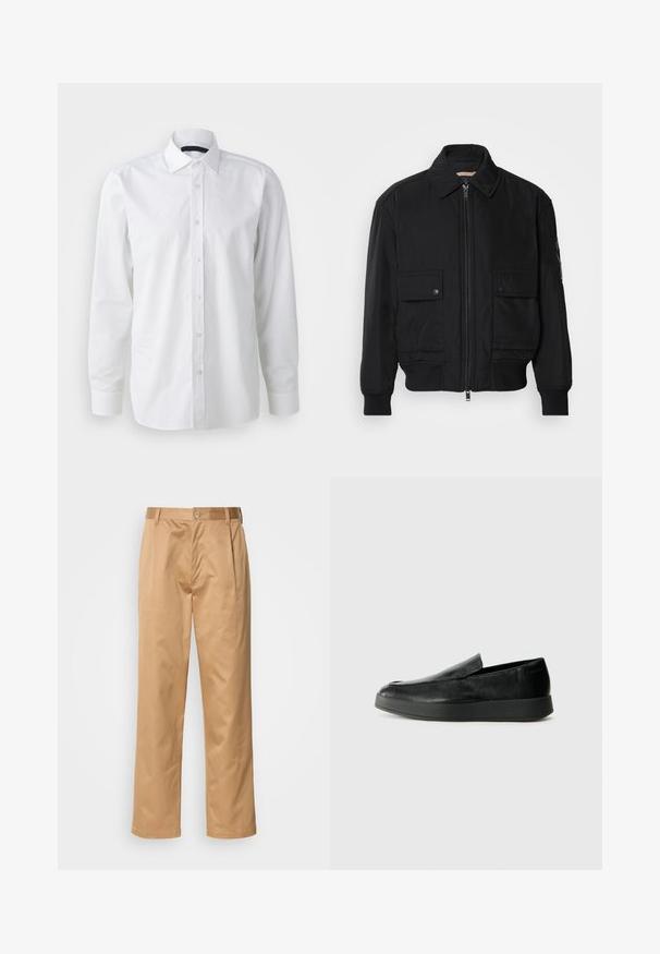 Juodas bomber stiliaus švarkas, pagamintas iš sklandaus, lengvo audinio. Su užtrauktuku priekyje, dviem kišenėmis su sagomis ant krūtinės ir guma apykaklėje.; Balta ilga rankovė marškiniai, pagaminti iš medvilnės. Turi klasikinį apykaklę, mygtukų užsegimą priekyje, o tekstūra yra glotni ir su švelniu blizgesiu.; Kaki kelnės, medvilnės mišinys, tiesaus kirpimo dizainas, priekiniai raukiniai, diržo kilpos ir mygtuko uždarymas. Lygus audinys be raštų.; Calvin Klein HYBRID CUP - Įmautiniai batai - triple black