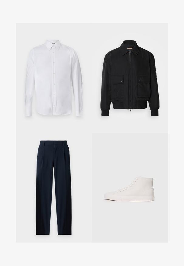 Fekete bomberdzseki sima, könnyű anyagból. Cipzáras elülső részével, két gombos mellzsebével és bordás mandzsettáival rendelkezik.; Fehér, hosszú ujjú ing sima anyagból, klasszikus gallérral és gombos elülső záródással, minimális dizájnnal.; Sötétkék nadrág sima textúrával, széles lábakkal, elülső redőkkel, övlyukkal és cipzáros záródással. Formális és alkalmi viseletre is megfelelő.; Fehér vászonból készült magas szárú sportcipő, texturált felülettel, fehér fűzőlyukakkal és gumitalppal. Egyszerű dizájn kontrasztöltésekkel.
