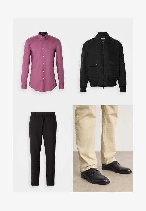 Juodas bomber stiliaus švarkas, pagamintas iš sklandaus, lengvo audinio. Su užtrauktuku priekyje, dviem kišenėmis su sagomis ant krūtinės ir guma apykaklėje.; Ilga rankovė, prigludusi marškiniai tamsiai migdolo spalvos, su plačiu apykaklė, sagų užsegimu ir kontrastine raštuota vidine dalimi apykaklėje bei rankogaliuose.; Juodi džinsai, pagaminti iš lygaus audinio. Yra elastinė juosmens juosta su raišteliu, siaurėjantys džinsai, be matomų kišenių. Paprastas dizainas.; Juodos odinės bateliai su raišteliais, su apvaliu pirštu, lygia danga ir subtiliomis siuvimo detalėmis, dėvimi su šviesiai smėliniais kelnėmis.