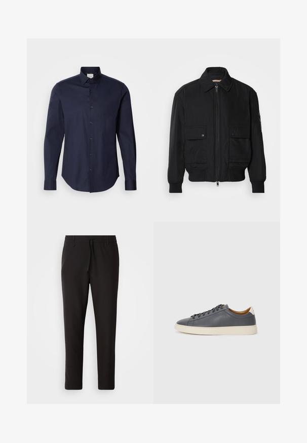 Must mustrakk musth kergestikuti kergemest kuduklett, kergete vestid valjase tormakate. Omab fasadi lukkumist, kahte nööbül pulsiv кофейня ning ribitud käiseid.; Tume sinine nööbitav särk, mis on valmistatud puuvillast. Omab pikki varrukasid, teravat kraed ja nööbiga läbilõiget, millel on sobivad nööbid. Sile tekstuur.; Mustad jogger-püksid, mis on valmistatud siledast kangast. Omavad elastset pihaotsikut koos paelaga, kitsenevaid jalaosi ja nähtamatuid taskuid. Lihtne disain.; Hallhalli nahast tossud ümmarguse varbaga, kummist tallaga, lamedate paeltega ja heledate aktsentidega kontsadel. Sile tekstuur ja minimalistlik disain.