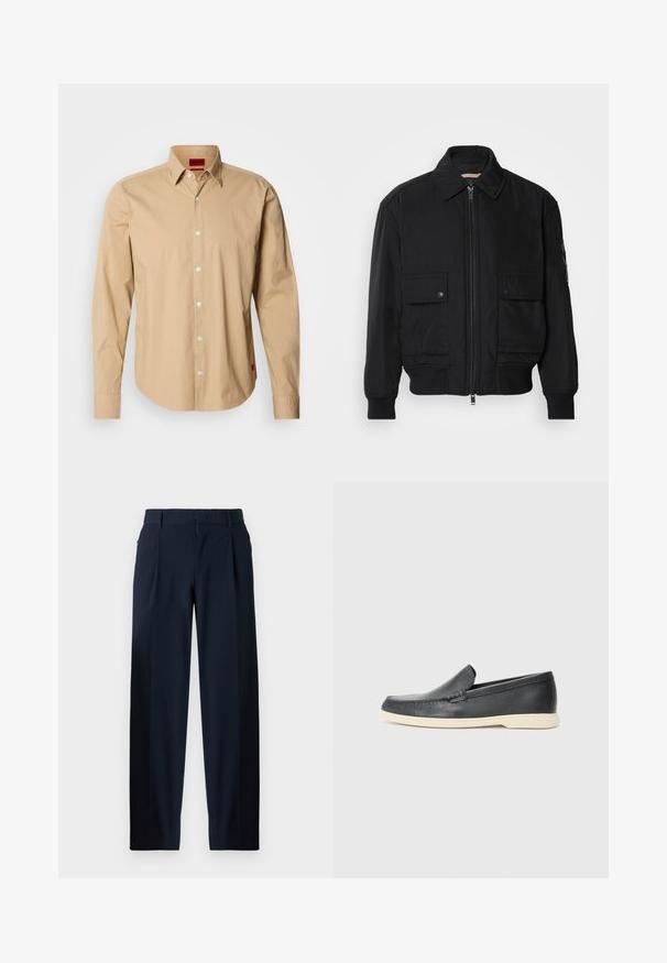 Chaqueta bomber negra de tejido suave y ligero. Cuenta con cierre de cremallera en la parte delantera, dos bolsillos en el pecho con botón y puños acanalados.; Camisa de manga larga color beige hecha de algodón, con un cuello abotonado, botones en la parte frontal y una etiqueta de logo roja en el lateral. Textura suave.; Pantalones azul marino con una textura suave, diseño de pierna ancha, plisados frontales, presillas para cinturón y cierre de cremallera. Adecuados para uso formal o casual.; Mocasines de piel negra sin cordones con un acabado texturizado y una suela de goma beige en contraste. Presentan un sutil acento en la parte frontal.