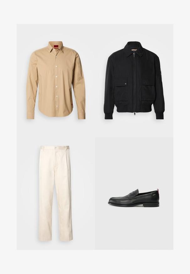 Czarna kurtka bombowiec wykonana z gładkiego, lekkiego materiału. Posiada zamek błyskawiczny z przodu, dwie kieszenie na piersi zapinane na guziki oraz ściągacze przy mankietach.; Beżowa koszula z długim rękawem, wykonana z bawełny, z kołnierzykiem zapinanym na guziki, przednimi guzikami oraz czerwoną etykietą logo z boku. Gładka tekstura.; Beżowe bawełniane spodnie o prostym kroju nogawki, z zapięciem na guziki i plisami z przodu dla dodatkowego zdobienia.; Czarne skórzane mokasyny z teksturowanym frontem i gładkimi bokami. Posiadają smukłą podeszwę i tylną pętelkę dla łatwego zakładania. Klasyczny design.