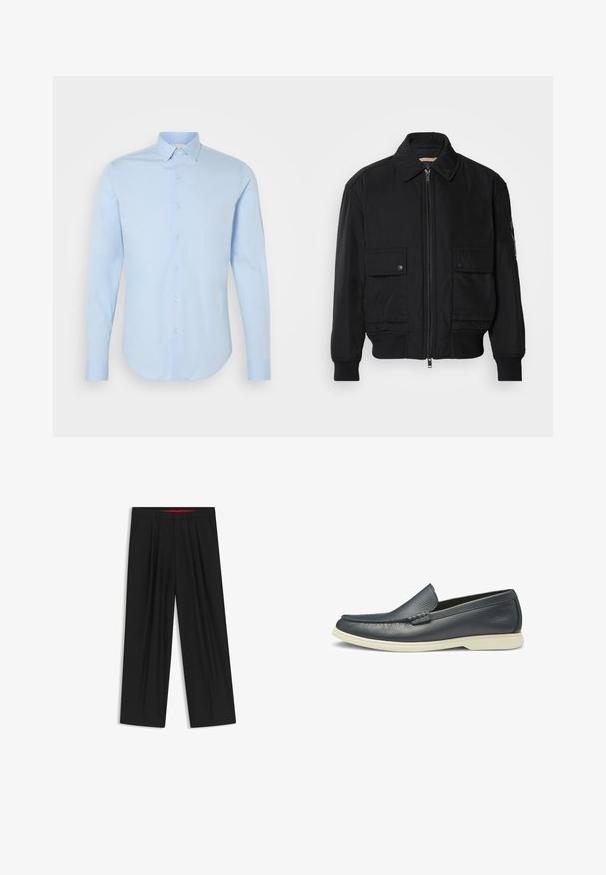 Svart bomberjacka gjord av mjukt, lättviktigt tyg. Har dragkedja fram, två knappade bröstfickor och ribbade ärmslut.; Ljust blå långärmad skjorta med knappar, klassisk krage, rundad nederkant och pärlemorknappar. Slät bomullstyg, skräddarsydd passform.; Svarta vida byxor med slät front, två sidofickor, veckad design och en kontrasterande röd midjeresår.; Marina läderloafer med en slät textur, slip-on design och en kontrasterande vit gummisula. Har en dekorativ broderad detalj på ovandelen.