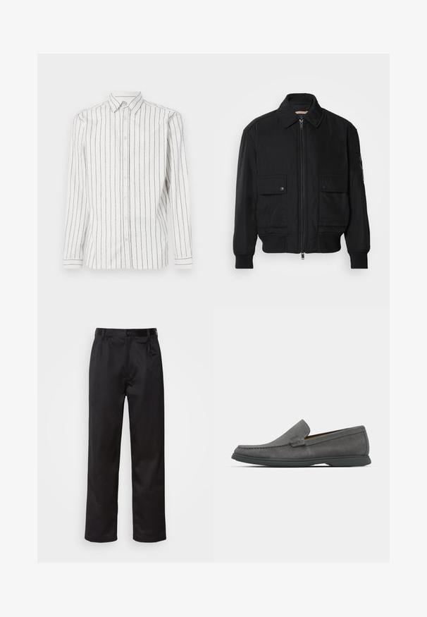 Fekete bomberdzseki sima, könnyű anyagból. Cipzáras elülső részével, két gombos mellzsebével és bordás mandzsettáival rendelkezik.; Fehér, hosszú ujjú ing fekete függőleges csíkokkal, gombos gallérral és elöl gombokkal. Puha anyag, sima textúrával.; Fekete nadrág sima anyagból, elülső gombos záródással, redőkkel és egyenes szárral. Nincsenek látható minták vagy díszítések.; Szürke velúr mokaszinok kerek orral, varrott részletekkel és alacsony gumitalppal. Jellemzője a slip-on kialakítás, látható fém alkatrészek nélkül.