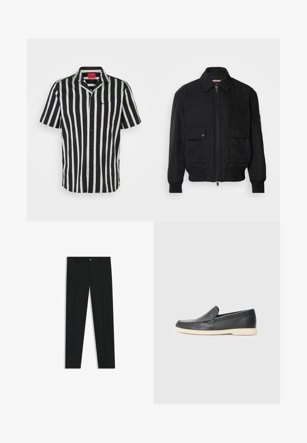 Giacca bomber nera realizzata in tessuto morbido e leggero. Caratterizzata da una chiusura con zip frontale, due tasche sul petto con bottone e polsini a costine.; Camicia a maniche corte a righe bianche e nere con accenti verdi, chiusura a bottoni, colletto a punta e taschino sul lato sinistro. Logo del marchio sulla tasca.; Pantaloni neri in tessuto lisci, con design a gamba dritta. Presentano una chiusura frontale con bottone e passanti per cintura. Senza fantasie.; Mocassini neri in pelle con finitura testurizzata e suola in gomma beige a contrasto. Presentano un accento sottile lungo la parte anteriore.