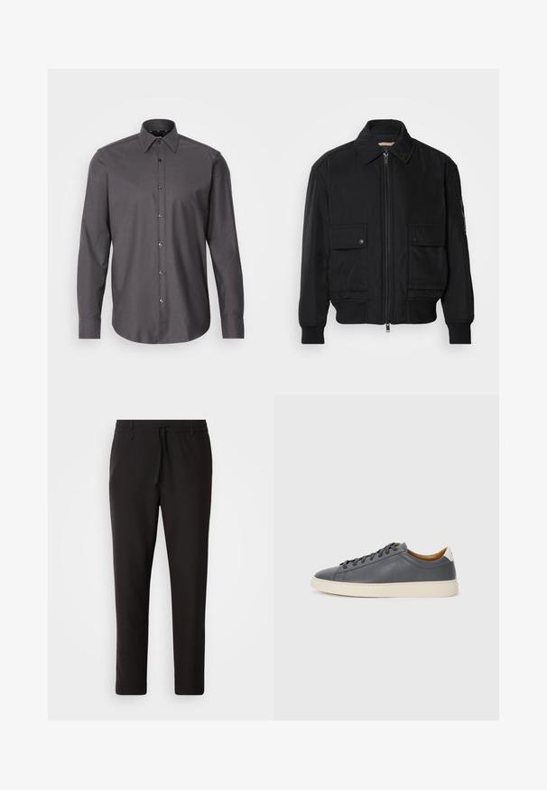 Crna bomberska jakna od glatkog, laganog materijala. Ima zatvarač sprijeda, dva gumbasta džepa na prsima i rebraste manžete.; Tamno siva košulja dugih rukava s ovratnikom i malim teksturiranim uzorkom. Ima sjajne dugmadi i zaobljeni rub.; Crne jogger hlače od glatkog materijala. Imaju elastičnu waistband s vezicom, sužene nogavice i bez vidljivih džepova. Jednostavan dizajn.; Sivi kožni tenisice s okruglim vrhom, gumeni potplat, ravne vezice i svijetlo obojeni detalji na peti. Glatka tekstura i minimalistički dizajn.