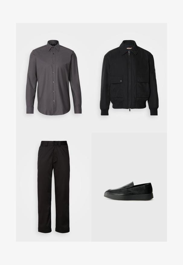 Černá bomber bunda vyrobená z hladkého, lehkého materiálu. Má zipový přední díl, dvě kapsy na hrudi s knoflíky a vroubkované manžety.; Tmavě šedá košile na knoflíky s dlouhými rukávy, límečkem a malým texturovaným vzorem. Disponuje lesklými knoflíky a zaobleným lemem.; Černé kalhoty vyrobené z hladkého materiálu, s zipem, knoflíkovým zapínáním a ohrnutými manžetami pro ležérní design.; Calvin Klein HYBRID CUP - Polobotky - triple black