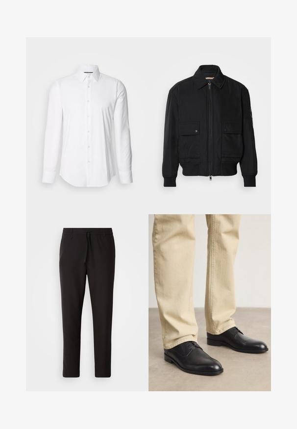 Jaqueta bomber preta feita de um tecido liso e leve. Apresenta um fecho zip à frente, dois bolsos no peito com botão e punhos canelados.; Camisa branca de mangas longas feita de tecido suave, com colarinho clássico e fecho à frente com botões, apresentando uma bainha curvada. Os botões têm um brilho subtil.; Calças de jogging pretas feitas de tecido liso. Apresentam uma cintura elástica com cordão, pernas ligeiramente ajustadas e sem bolsos visíveis. Design simples.; Sapatos pretos de couro com atacadores, com bico arredondado, acabamento suave e detalhes de costura subtis, usados com calças bege claras.