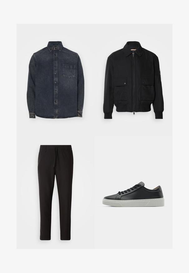 Crna bomberska jakna od glatkog, laganog materijala. Ima zatvarač sprijeda, dva gumbasta džepa na prsima i rebraste manžete.; Tamno plava traper košulja s ovratnikom na dugmad, koja ima džep na prsima i izblijedjeli izgled. Dugi rukavi s dugmadima na manžetama.; Crne jogger hlače od glatkog materijala. Imaju elastičnu waistband s vezicom, sužene nogavice i bez vidljivih džepova. Jednostavan dizajn.; Crne kožne tenisice s glatkom teksturom, okruglim vrhom i crnim čipkastim vezicama. Imaju debeo bijeli gumeni potplat s suptilnim geometrijskim naglascima.