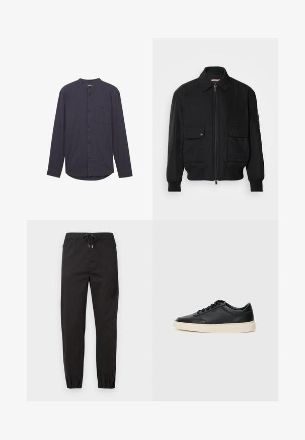Černá bomber bunda vyrobená z hladkého, lehkého materiálu. Má zipový přední díl, dvě kapsy na hrudi s knoflíky a vroubkované manžety.; Tmavě námořnická dlouhá košile s límcem, zapínání na knoflíky vpředu, náprsní kapsa a texturovaná látka. Má zakřivený lem.; Černé zúžené kalhoty vyrobené z lehkého materiálu. Mají elastický pas s tkaničkou, boční kapsy a elastické manžety na kotnících.; Černé kožené nízké tenisky s černými tkaničkami a slonovinovou podešví, zobrazené v bočním profilu na bílém pozadí.