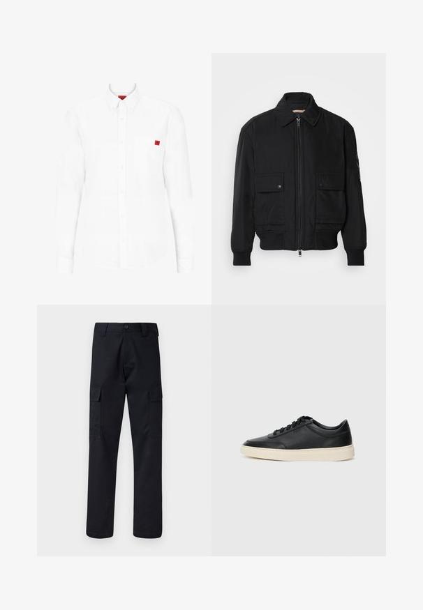 Zwarte bomberjack gemaakt van soepel, lichtgewicht materiaal. Voorzien van een ritssluiting aan de voorkant, twee knoopsluitingen op de borstzakken en geribbelde manchetten.; Witte blouse met lange mouwen, gemaakt van katoen, met een button-down kraag, een voorzak en een klein rood logo op de borst.; Zwarte cargobroek van stevig materiaal, met een rechte pijp, twee zijzakken en een knoopsluiting bij de taille.; Zwarte leren sneaker met lage schacht, zwarte veters en off-white zool, weergegeven in zijprofiel op een witte achtergrond.