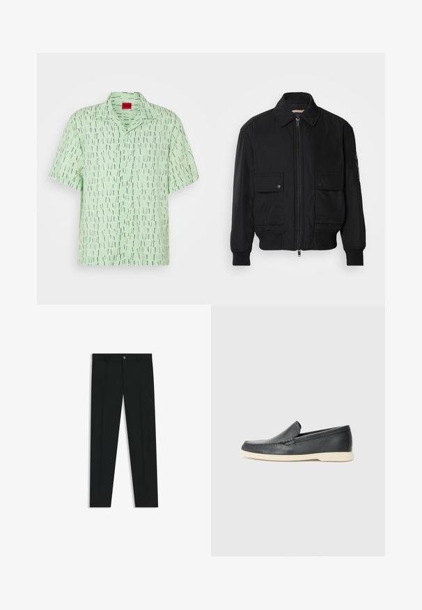 Chaqueta bomber negra de tejido suave y ligero. Cuenta con cierre de cremallera en la parte delantera, dos bolsillos en el pecho con botón y puños acanalados.; Camisa de manga corta en tela verde claro con un patrón gráfico de líneas verticales en negro y blanco. Presenta un cuello y cierre de botones en la parte delantera.; Pantalones de vestir negros con un diseño de pierna recta, hechos de una tela suave. Cuentan con un cierre frontal de botón y lazos para cinturón. Liso, sin patrones.; Mocasines de piel negra sin cordones con un acabado texturizado y una suela de goma beige en contraste. Presentan un sutil acento en la parte frontal.