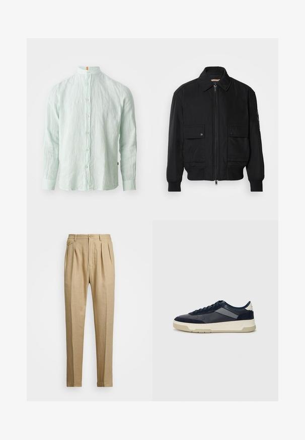 Zwarte bomberjack gemaakt van soepel, lichtgewicht materiaal. Voorzien van een ritssluiting aan de voorkant, twee knoopsluitingen op de borstzakken en geribbelde manchetten.; Lichtgroene linnen overhemd met lange mouwen en een staande kraag, met een voorste knoopsluiting en een subtiele structuur. Bevat een oranje accent op de kraag.; Beige linnen broek met een rechte snit, voorzien van twee voorplooien, een knoopsluiting en zijzakken. Gestructureerde stof met een gladde afwerking.; BOSS BALTIMORE - Sneakers laag - open blue