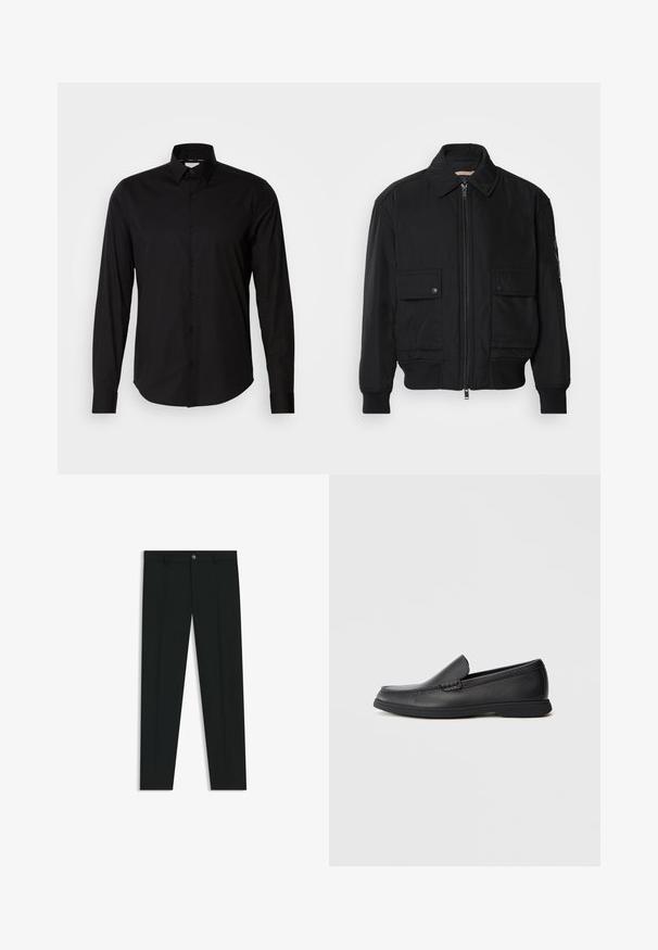 Black bomber jacket made of smooth, lightweight fabric. Features a zip front, two buttoned chest pockets, and ribbed cuffs.; Black long-sleeve shirt made of smooth fabric. Features a classic collar, button placket, and straight hem. No patterns or accents present.; Black dress pants with a straight-leg design, made of smooth fabric. Features a front button closure and belt loops. Plain without patterns.; Black leather slip-on loafer with textured upper, rounded toe, low heel, and rubber sole, shown in side profile on white background.