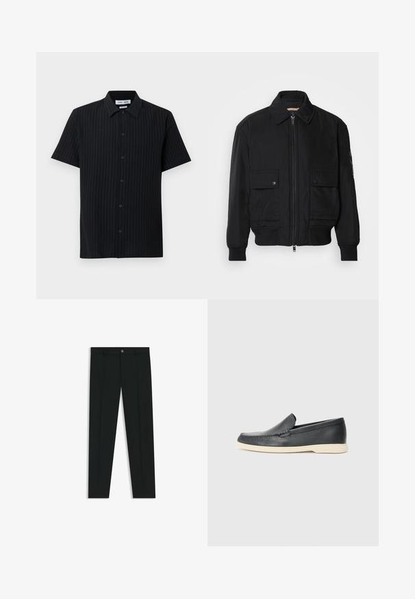 Black bomber jacket made of smooth, lightweight fabric. Features a zip front, two buttoned chest pockets, and ribbed cuffs.; Black short-sleeve shirt featuring a textured vertical stripe pattern, button front closure, and classic collar with a relaxed fit.; Black dress pants with a straight-leg design, made of smooth fabric. Features a front button closure and belt loops. Plain without patterns.; Black leather slip-on loafers with a textured finish and a contrasting beige rubber sole. Features a subtle accent along the front.