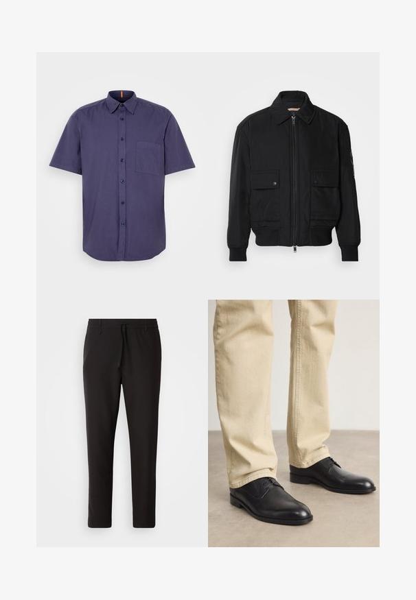 Chaqueta bomber negra de tejido suave y ligero. Cuenta con cierre de cremallera en la parte delantera, dos bolsillos en el pecho con botón y puños acanalados.; Camisa de botones de manga corta, color azul marino, hecha de algodón, con un bolsillo en el pecho y un dobladillo curvado. Presenta botones oscuros y un cuello.; Camiseta negra de manga corta fabricada con una suave mezcla de algodón, que presenta un cuello redondo y un diseño minimalista sin patrones ni acentos.; Pantalones de chándal negros de tejido suave. Cuentan con una cintura elástica con cordón, piernas ajustadas y sin bolsillos visibles. Diseño sencillo.; Zapatos de cuero negro con cordones, puntera redondeada, acabado suave y sutiles detalles de costura, combinados con pantalones de color beige claro.