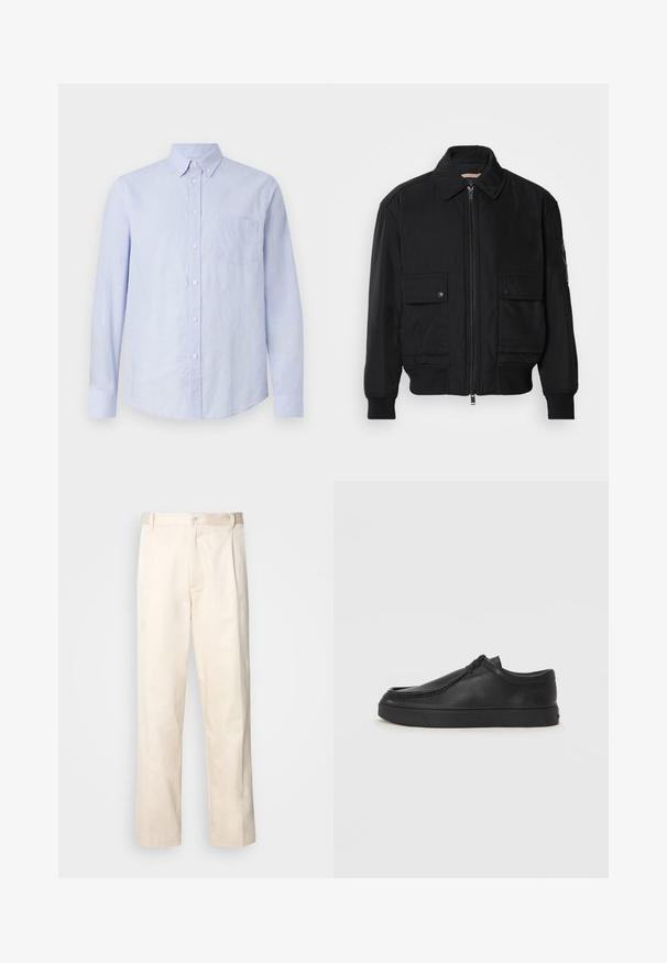 Chaqueta bomber negra de tejido suave y ligero. Cuenta con cierre de cremallera en la parte delantera, dos bolsillos en el pecho con botón y puños acanalados.; Camisa de botones de manga larga de color azul claro, hecha de una tela texturizada. Cuenta con un collar abotonado y un bolsillo en el lado izquierdo del pecho.; Pantalones de algodón beige con corte recto, que cuentan con un cierre de botón y pliegues en la parte frontal para un detalle adicional.; Zapato de piel negro tipo slip-on con punta redonda, detalles de costura y suela de goma negra. Textura suave con un diseño minimalista.