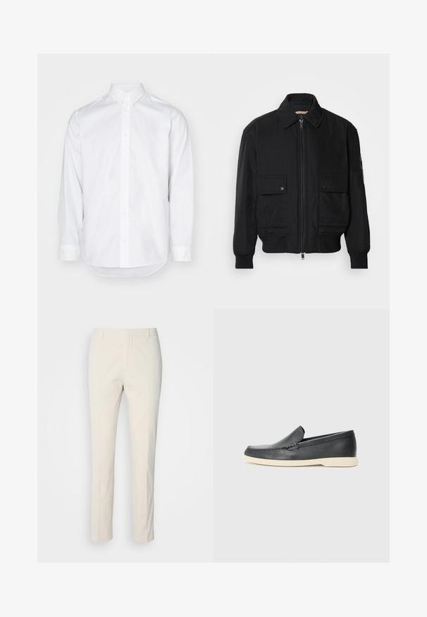 Schwarze Bomberjacke aus glattem, leichtem Stoff. Mit einem Reißverschluss vorne, zwei aufknöpfbaren Brusttaschen und gerippten Bündchen.; Weißes Langarmhemd aus Baumwolle. Verfügt über einen Button-Down-Kragen, eine Knopfleiste auf der Vorderseite und einen abgerundeten Saum. Glatte Textur.; Creamfarbene, maßgeschneiderte Hose aus strukturiertem Stoff. Verfügt über ein gerades Bein-Design, Gürtelschlaufen und zwei Vorderaschen. Keine Muster.; Schwarze Leder-Slipper mit strukturiertem Finish und einer kontrastierenden beige Gummisohle. Mit einem dezenten Akzent an der Vorderseite.