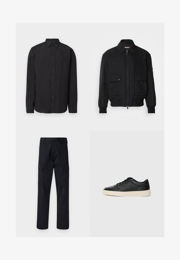 Czarna kurtka bombowiec wykonana z gładkiego, lekkiego materiału. Posiada zamek błyskawiczny z przodu, dwie kieszenie na piersi zapinane na guziki oraz ściągacze przy mankietach.; Czarna koszula z długim rękawem, kołnierzykiem na guziki, gładka tkanina i subtelne logo. Posiada guziki z przodu oraz mankiety przy rękawach.; Czarne spodnie cargo wykonane z mocnego materiału, z prostym krojem nogawki, dwiema bocznymi kieszeniami i zapięciem na guzik w pasie.; Czarne niskie skórzane sneakersy z czarnymi sznurówkami i off-white podeszwą, prezentowane w profilu bocznym na białym tle.