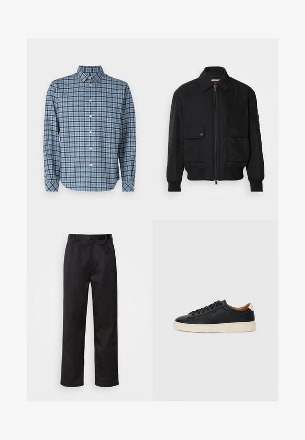 Juodas bomber stiliaus švarkas, pagamintas iš sklandaus, lengvo audinio. Su užtrauktuku priekyje, dviem kišenėmis su sagomis ant krūtinės ir guma apykaklėje.; Dugninė marškiniai iš audinės medvilnės, mėlyna ir juoda languota struktūra, ilgomis rankovėmis, apykaklė, baltos mygtukai ir reguliuojamos rankogaliai.; Juodi kelniukai, pagaminti iš lygaus audinio, su užsegimu priekyje, raukšlėmis ir tiesiomis kojomis. Nėra matomų raštų ar akcentų.; Juodos odinės sportbačiai su lygiu paviršiumi, smėlio spalvos guminis padas, raišteliais užsegama konstrukcija ir kontrastingas kulno akcentas.