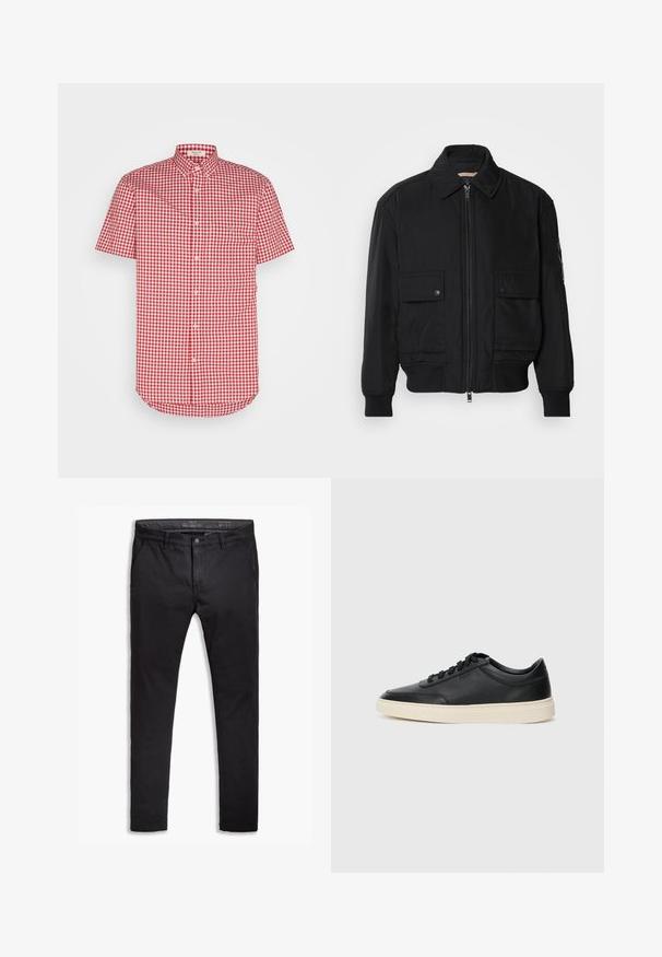 Sort bomberjakke lavet af glat, letvægtsstof. Har lynlås foran, to knap-lukkede brystlommer og ribbede manchetter.; Kortærmet knap-op skjorte med et rødt og hvidt ternet mønster, krave og brystlomme, lavet af letvægtsstof.; Sorte bomulds-chinos med tapered fit, der har fem lommer, bæltestropper og en glat texure. Lynlås med knaplukning.; Sort lavt top lædersneaker med sorte snørebånd og off-white sål vist i sideprofil på hvid baggrund.