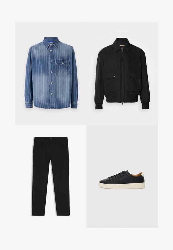 Zwarte bomberjack gemaakt van soepel, lichtgewicht materiaal. Voorzien van een ritssluiting aan de voorkant, twee knoopsluitingen op de borstzakken en geribbelde manchetten.; Denim shirt met verticale lichtblauwe strepen, klassieke kraag, knoopsluiting, borstzak aan de linkerzijde en lange mouwen met knoopmanchetten.; Zwarte denim broek met een rechte snit, voorzien van een standaard tailleband, vijf zakken en een knoopsluiting. Gladde textuur overal.; Zwarte leren sneakers met een gladde textuur, beige rubberen zool, vetersluiting en een contrasterende hielaccent.
