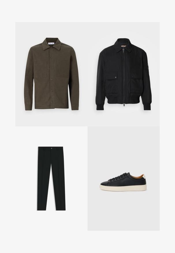 Zwarte bomberjack gemaakt van soepel, lichtgewicht materiaal. Voorzien van een ritssluiting aan de voorkant, twee knoopsluitingen op de borstzakken en geribbelde manchetten.; Donkergroene, langärmlige shirt gemaakt van glad stof, met een puntige kraag, knopen aan de voorkant en twee borstzakken.; Zwarte dresspants met een recht pasvorm, gemaakt van een gladde stof. Heeft een sluiting met een knoop aan de voorkant en ceintuurlussen. Effen zonder patronen.; Zwarte leren sneakers met een gladde textuur, beige rubberen zool, vetersluiting en een contrasterende hielaccent.