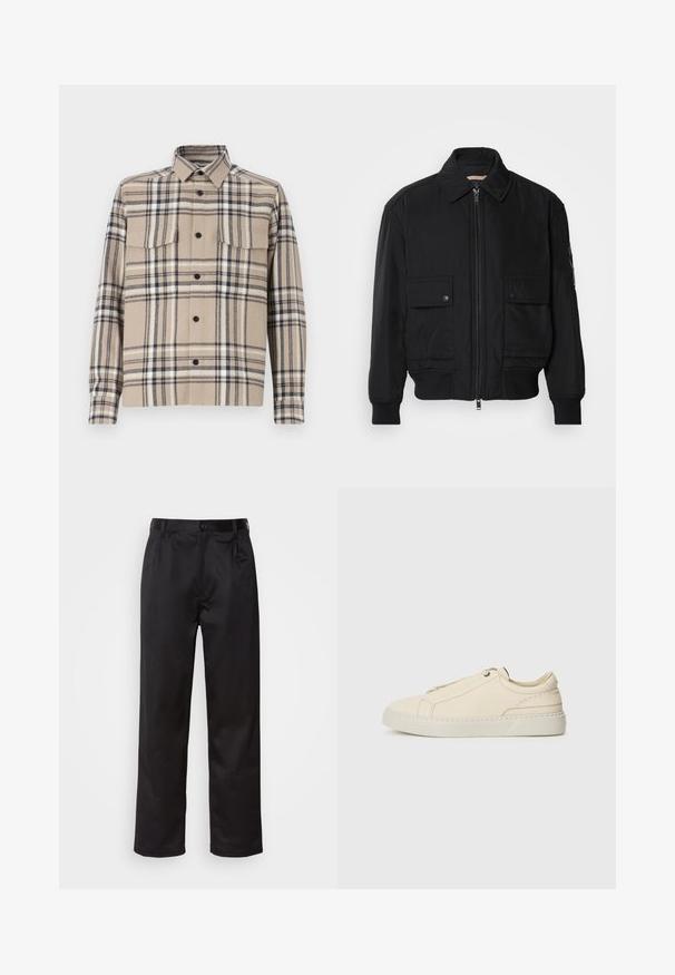 Chaqueta bomber negra de tejido suave y ligero. Cuenta con cierre de cremallera en la parte delantera, dos bolsillos en el pecho con botón y puños acanalados.; Chaqueta de camisa de cuadro beige hecha de tela tejida, con dos bolsillos en el pecho, cierre de botones y acentos negros en el patrón de cuadros.; Pantalones negros de tela suave, con cierre delantero de botón, pliegues y patas rectas. Sin patrones ni acentos visibles.; Zapatilla de cuero beige con punta redondeada, diseño minimalista, detalles de costura sutiles y parte superior texturizada, sobre una suela clara.