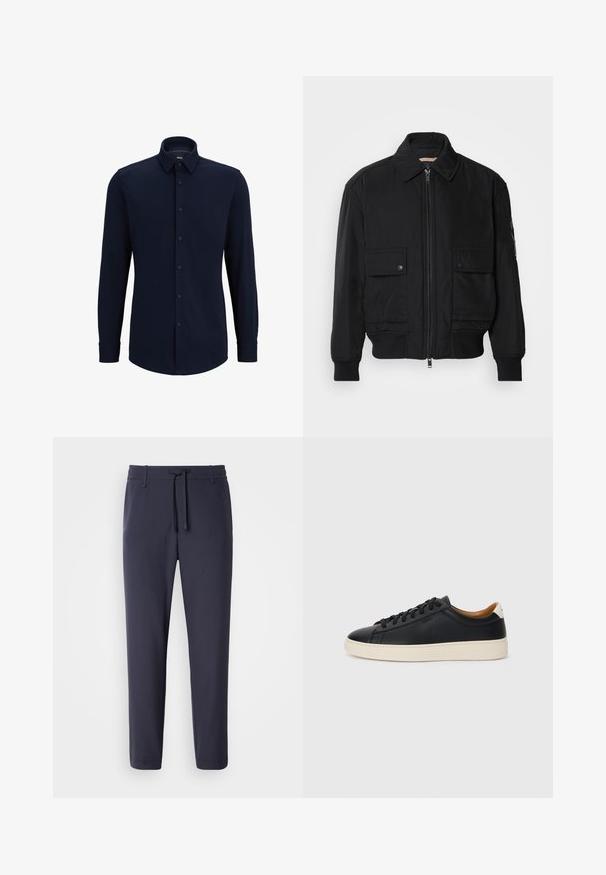Μαύρο μπουφάν bomber φτιαγμένο από μαλακό, ελαφρύ ύφασμα. Διαθέτει φερμουάρ μπροστά, δύο τσέπες με κουμπιά στο στήθος και ριμπ μανσέτες.; Ναυτικό πουκάμισο μακρύ μανίκι με κουμπιά, κατασκευασμένο από υφαντό ύφασμα, με κλασικό γιακά, ίσια κοπή και κλείσιμο με κουμπιά μπροστά.; Ναυτικές παντελόνες jogging με ελαστική μέση και κορδόνι. Φτιαγμένο από μαλακό υλικό, με tapered πόδια και χωρίς ορατές τσέπες.; Μαύρα δερμάτινα παπούτσια αθλητικά με λεία υφή, μπεζ καουτσούκ σόλα, σχέδιο με κορδόνια και αντίθεση στη φτέρνα.