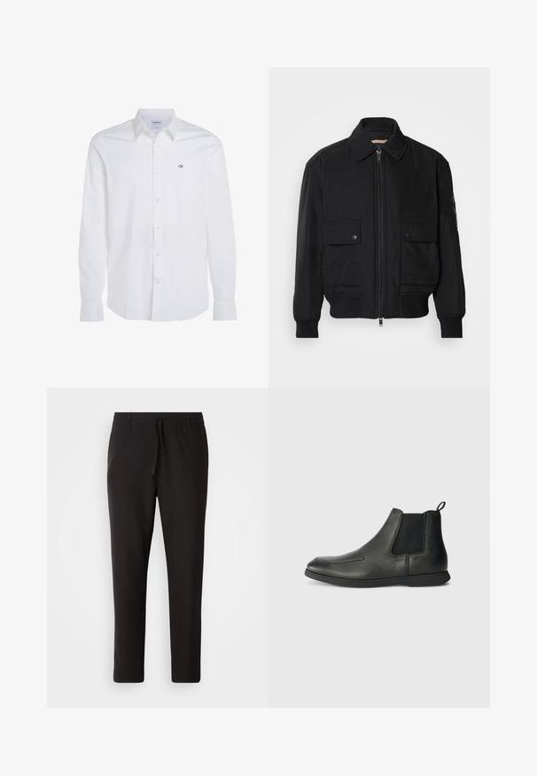 Juodas bomber stiliaus švarkas, pagamintas iš sklandaus, lengvo audinio. Su užtrauktuku priekyje, dviem kišenėmis su sagomis ant krūtinės ir guma apykaklėje.; Balta marškiniai su ilgomis rankovėmis, pagaminti iš medvilnės, turintys lygią tekstūrą, su mažu juodu "CK" logotipu kairėje krūtinės pusėje.; Juodi džinsai, pagaminti iš lygaus audinio. Yra elastinė juosmens juosta su raišteliu, siaurėjantys džinsai, be matomų kišenių. Paprastas dizainas.; Juodi odiniai aulinukai iki kulkšnių su lygiu paviršiumi, elastingais šoniniais įdėklais ir kilpos formos užtrauktuku gale. Suapvalinta nosis ir guminis padas.