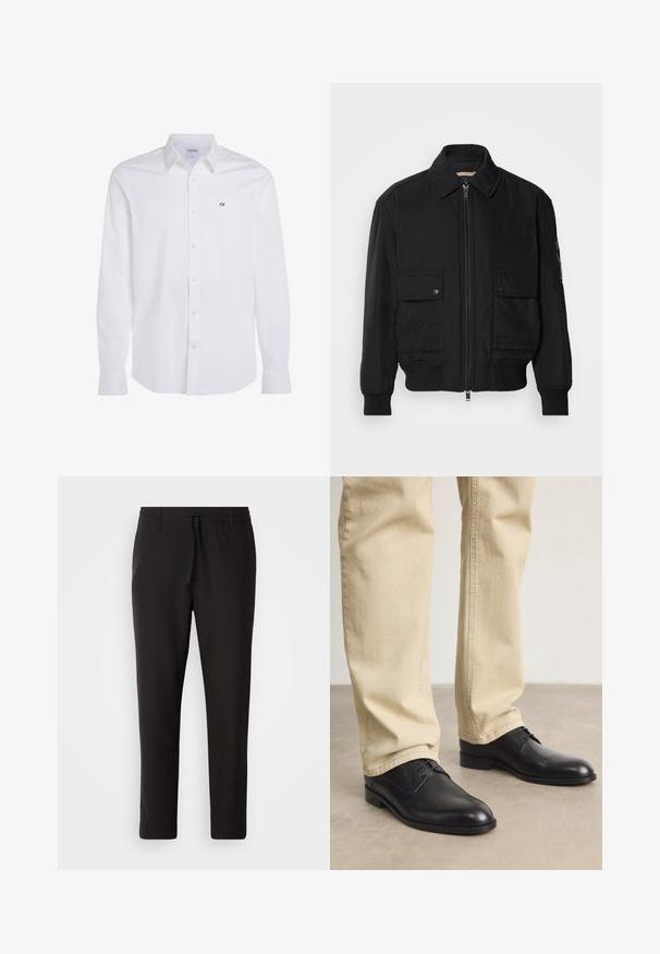 Fekete bomberdzseki sima, könnyű anyagból. Cipzáras elülső részével, két gombos mellzsebével és bordás mandzsettáival rendelkezik.; Fehér, pamut anyagú, sima textúrájú ing, bal mellrészén kis fekete "CK" logóval és hosszú ujjakkal.; Fekete jogger nadrág sima anyagból. Rugalmas derekú, húzózsinórral, tapered lábakkal és látható zsebek nélkül készül. Egyszerű dizájn.; Fekete bőrfűzős cipő kerek orral, sima felülettel és finom varrási részletekkel, világos bézs nadrággal viselve.