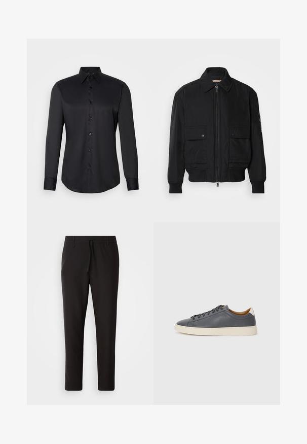 Jaqueta bomber preta feita de um tecido liso e leve. Apresenta um fecho zip à frente, dois bolsos no peito com botão e punhos canelados.; Camisa preta de botão, feita de tecido suave, com colarinho clássico, mangas longas e fecho de botão na frente.; Calças de jogging pretas feitas de tecido liso. Apresentam uma cintura elástica com cordão, pernas ligeiramente ajustadas e sem bolsos visíveis. Design simples.; Sapatilha de couro cinza com biqueira redonda, sola de borracha, atacadores planos e detalhes de cor clara no calcanhar. Textura suave e design minimalista.