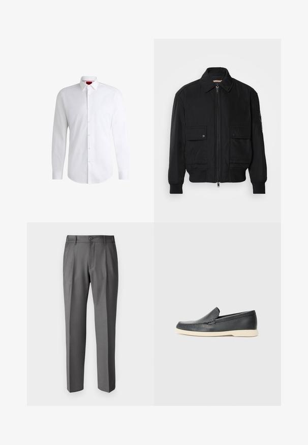 Black bomber jacket made of smooth, lightweight fabric. Features a zip front, two buttoned chest pockets, and ribbed cuffs.; White button-up shirt made of smooth fabric with a classic collar, long sleeves, and a curved hem. Features beige buttons on the front.; DRYKORN LEEK - Trousers - grey; Black leather slip-on loafers with a textured finish and a contrasting beige rubber sole. Features a subtle accent along the front.