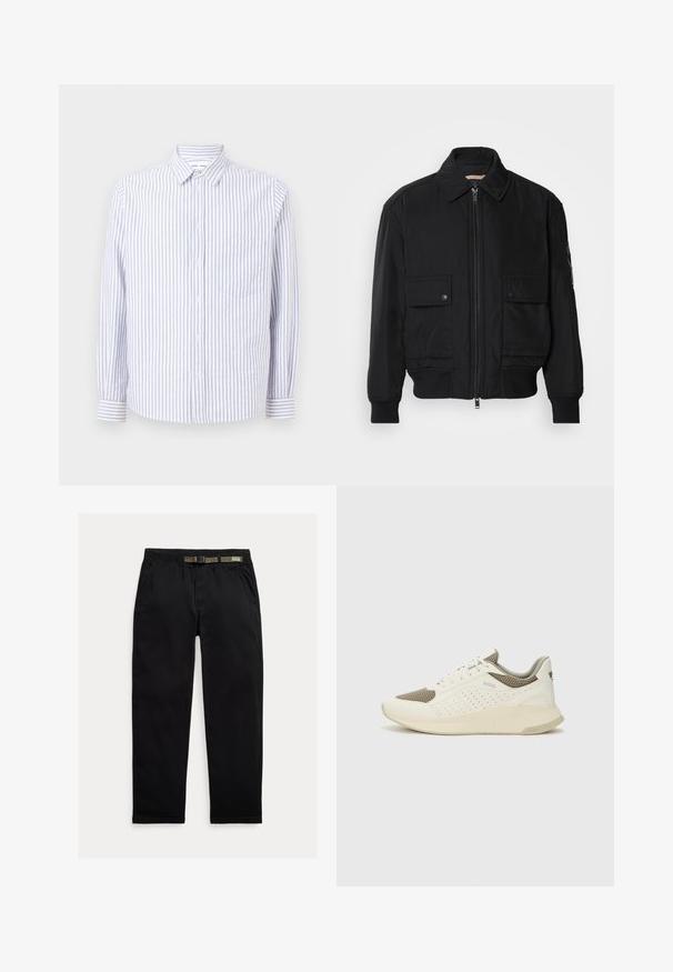 Črna bomberska jakna iz gladkega, lahkega materiala. Ima zadrgo spredaj, dva žepa na prsih s preklopom in rebraste manšete.; Prugasta srajca z gumbi v svetlo modri in beli barvi. Ima špičast ovratnik, dolge rokave in en sam žep na prsih. Iz bombažnega blaga.; Črne hlače iz lahkega blaga, z elastičnim pasom in vgrajenim zeleni pasom, ravne noge in stranskimi žepi.; Beli in svetlo bež športni copat, s mrežastim zgornjim delom, perforiranimi detajli in teksturirano srednjim delom z blagovno znamko na peti.
