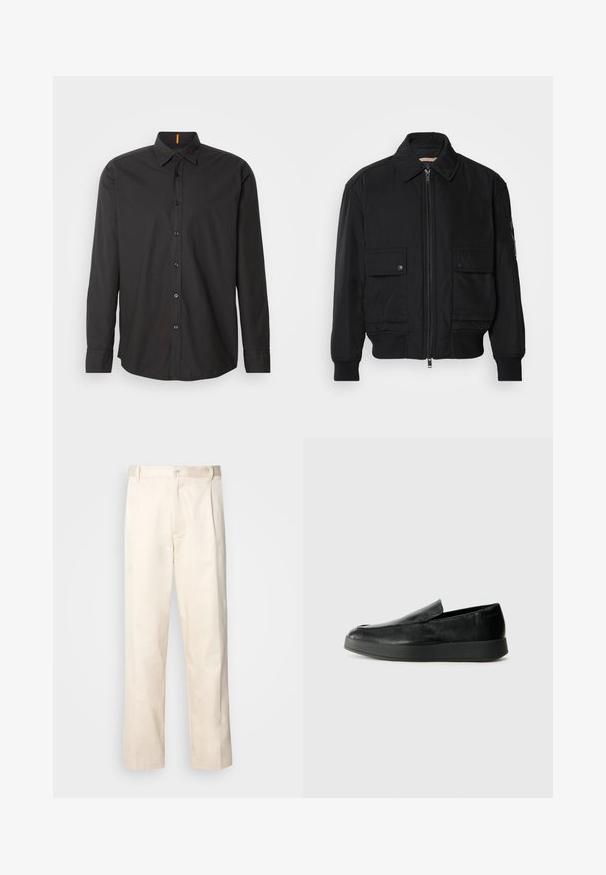 Černá bomber bunda vyrobená z hladkého, lehkého materiálu. Má zipový přední díl, dvě kapsy na hrudi s knoflíky a vroubkované manžety.; Černá dlouhá košile s dlouhým rukávem vyrobená z lehké tkaniny. Má límec na knoflíky, přední knoflíky a vyšitý logo na hrudi.; Bežové bavlněné kalhoty se střihy rovného nohavice, s knoflíkovým zapínáním a záhyby vpředu pro zvýraznění detailu.; Calvin Klein HYBRID CUP - Polobotky - triple black