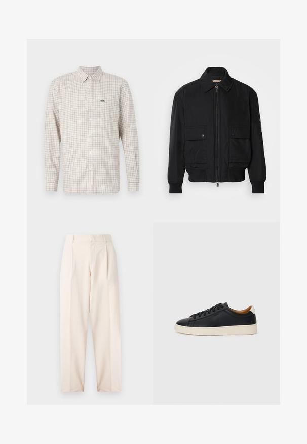 Juodas bomber stiliaus švarkas, pagamintas iš sklandaus, lengvo audinio. Su užtrauktuku priekyje, dviem kišenėmis su sagomis ant krūtinės ir guma apykaklėje.; Šviesiai smėlinės ir rudos spalvos, ilgais rankovėmis, languota marškinėliai, pagaminti iš medvilnės, su mygtukų nusmukimo apykakle ir maža prekės ženklo logotipu ant krūtinės.; Bežiniai pritaikyti kelnių su didele juosmeniu, klostėmis ir tiesiu kojų dizainu. Pagaminti iš lygaus audinio, su šoninėmis kišenėmis ir švariu apdaila.; Juodos odinės sportbačiai su lygiu paviršiumi, smėlio spalvos guminis padas, raišteliais užsegama konstrukcija ir kontrastingas kulno akcentas.