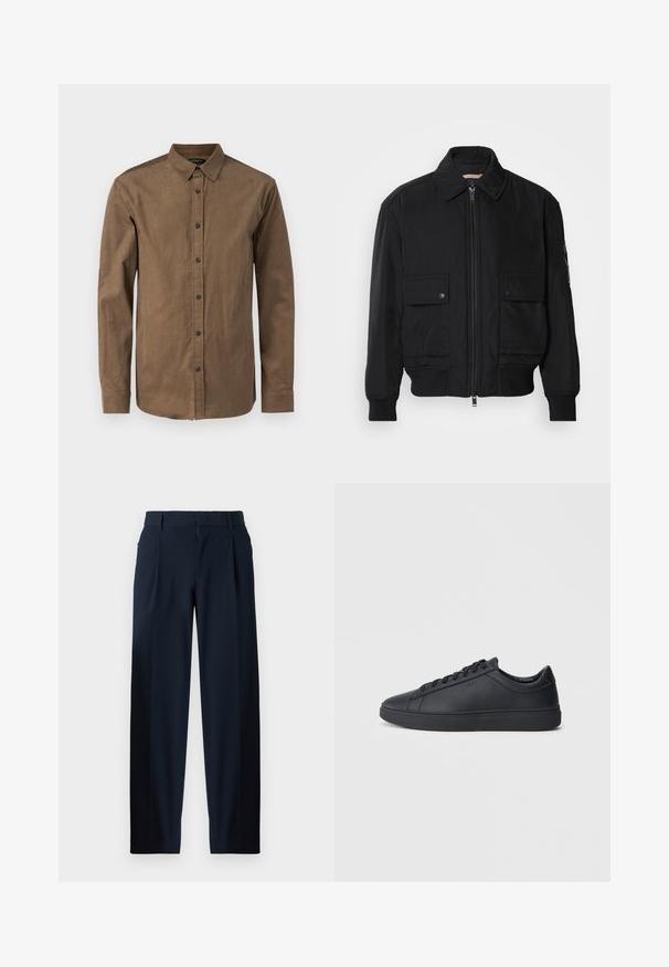Crna bomberska jakna od glatkog, laganog materijala. Ima zatvarač sprijeda, dva gumbasta džepa na prsima i rebraste manžete.; Smeđa košulja s gumbima, izrađena od teksturirane tkanine, s kragnom koja se širi i dugim rukavima s gumbima na manžetama. Ima sedam gumba sprijeda.; Tamno plave hlače s glatkom teksturom, širokim nogavicama, prednjim nabranjima, petljama za remen i zatvaranjem na zip. Pogodne za formalne ili ležerne prilike.; Crne tenisice od glatke kože s niskim dizajnom, okruglim vrhom i ravnim gumenim đonom. Imaju vezice i suptilno brendiranje.